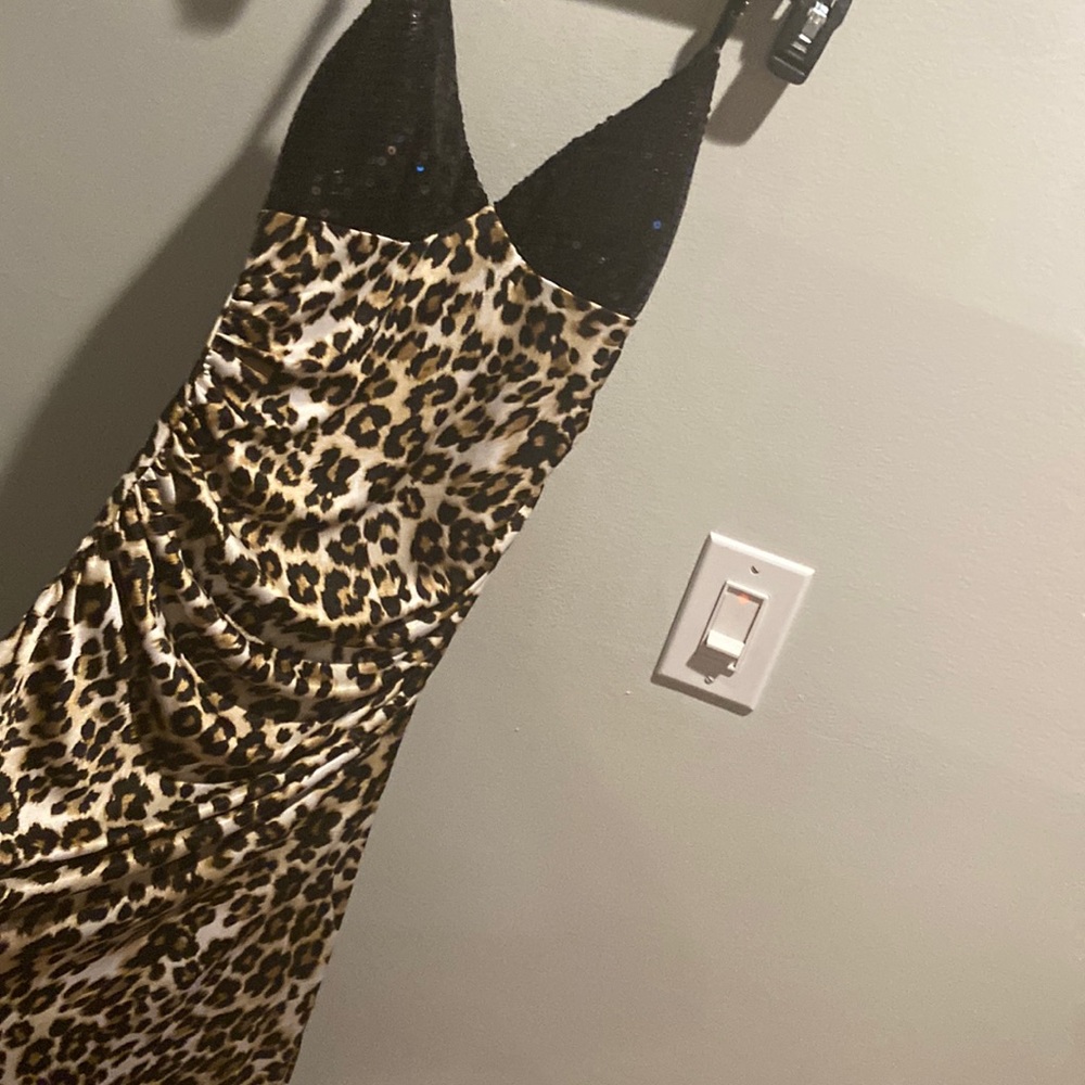 Leopard long low back dress with sequins size small